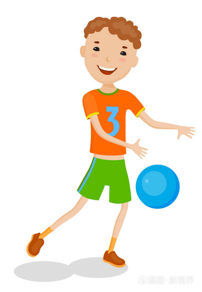 卡通男孩玩耍着蓝色的球