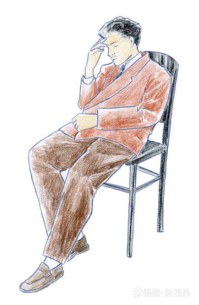 男人坐彩色的素描