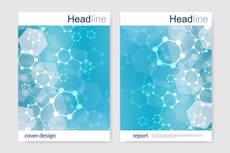 科学的宣传册设计模板。矢量海报布局 分子结构与连接的线和点。科学模式原子 Dna 与杂志 传单 封面 海报设计元素