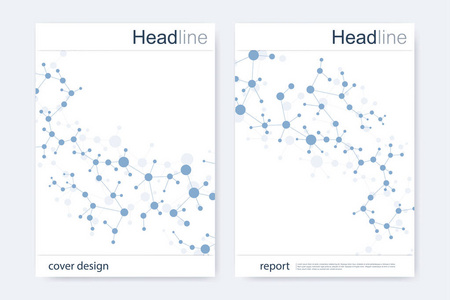 科学的宣传册设计模板。矢量海报布局 分子结构与连接的线和点。科学模式原子 Dna 与杂志 传单 封面 海报设计元素