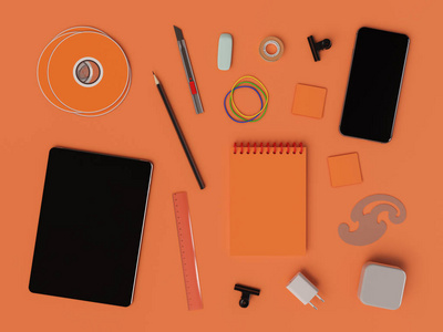 橙色的企业形象。品牌上的模拟。办公用品 小玩意。3d 图
