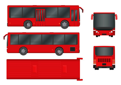 红城巴士模板。客运从顶 前 侧 背的所有侧面视图。矢量图 eps 10 孤立在白色背景上