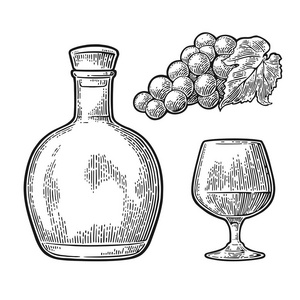 玻璃和瓶白兰地与串葡萄