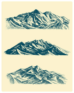 大套的山脉的山峰，复古，老看手绘 素描或刻的样式，徒步旅行，登山的不同版本