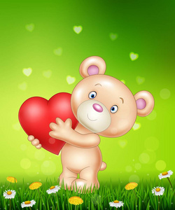 卡通熊在绿色草地上捧红的心
