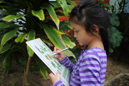 亚洲儿童在教室外学习生物植物物种