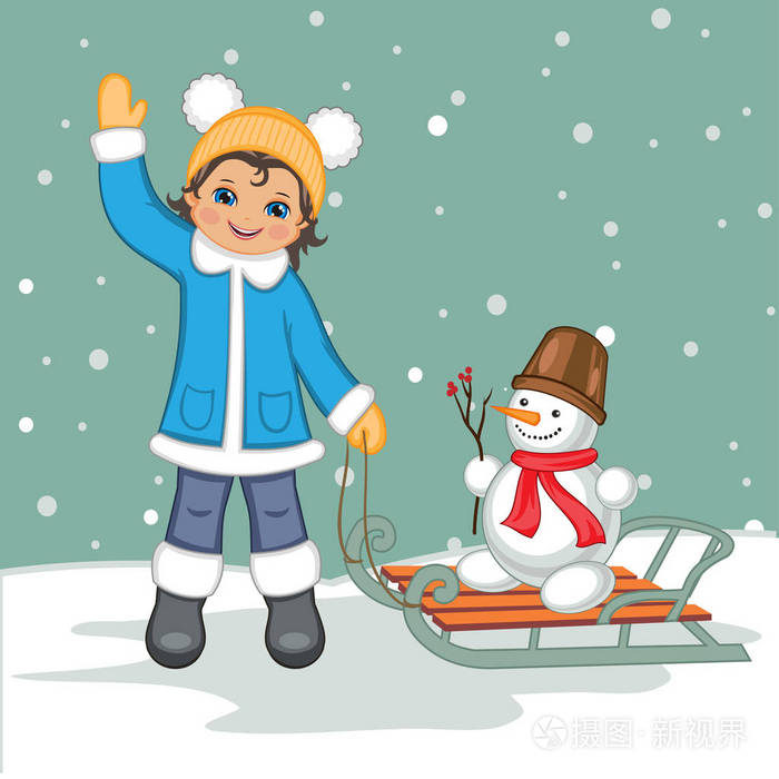 在冬天,雪人,雪橇,向量在户外玩的快乐女孩