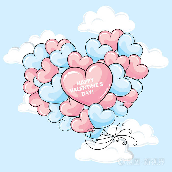一颗心的形状中的许多气球.矢量图.情人节那天