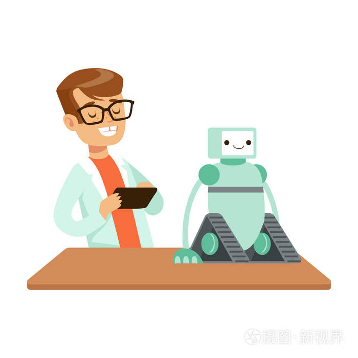 小男孩工程师和机器人的实验中,孩子做科学研究梦想