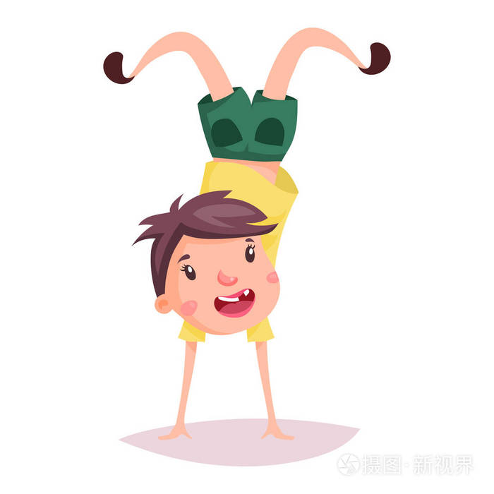 孩子或孩子,做倒立的卡通男生