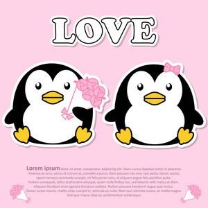 可爱的夫妻可爱企鹅与花束的粉红色玫瑰花在情人节和纸切贴纸概念