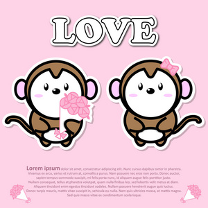 可爱的夫妻束粉红色的玫瑰花在情人节概念与可爱的猴子