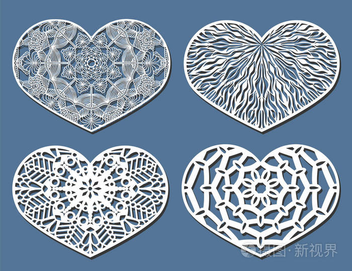 设置的矢量模具雕刻的镂空图案带花边的心形
