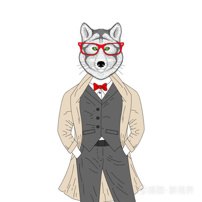 向量在优雅经典西装外套与残暴的狼手绘