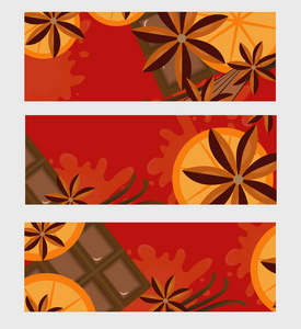 红色背景与橙 肉桂和巧克力。温热的酒概念与文本的空间。矢量图
