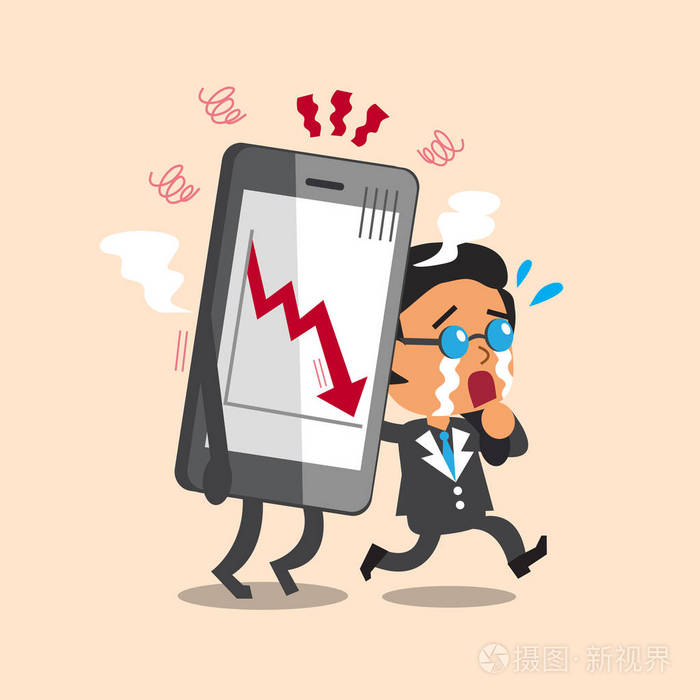与股票市场箭头显示在智能手机上的卡通业务老板哭