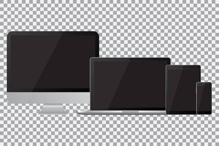 组的现实电脑显示器 笔记本电脑 平板电脑和移动电话与空的黑色屏幕。各种现代电子小玩意上分离背景