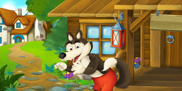 与木农场房子儿童插画前狼卡通搞笑的一幕