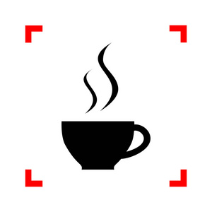 一杯咖啡的标志。在焦点的角落里，在白色背景上的黑色图标