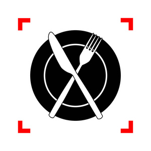 刀和叉，磁带的标志。在白色的焦点角落里的黑色图标