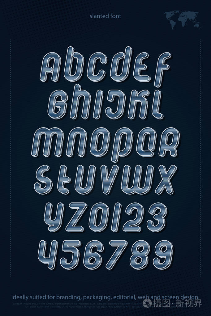 字母和数字孤立在蓝色背景上的一套矢量等距倾斜字体类型复古斜体字体