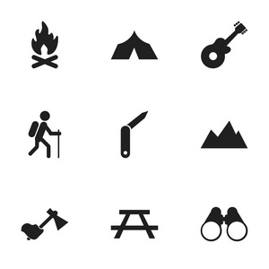 9 可编辑旅行图标集。包括如桌子，折刀 乐器和更多的符号。可用于 Web 移动 Ui 和数据图表设计
