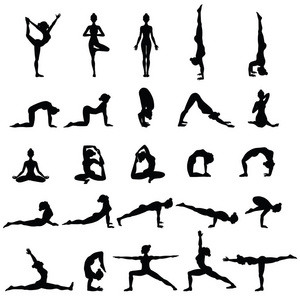 妇女的轮廓。瑜伽姿势的集合。体式的练习集