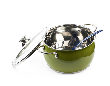 孤立的钢绿色汤锅