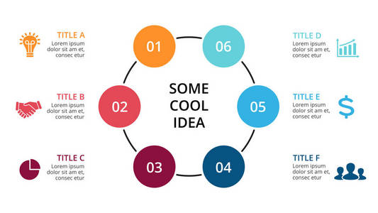 矢量圆圈箭头图 循环图 图 演示文稿图表。经营理念与 6 选项 配件 步骤 流程。16 x 9 幻灯片模板