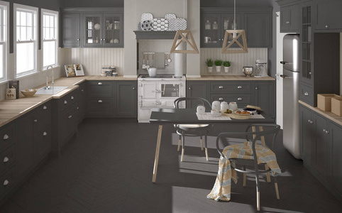 斯堪的纳维亚经典灰色厨房用木制的详细信息，minimalis