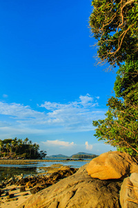 当海水在蓝天和阴天背景下退去时，带着岩石海滩和树木的偏僻小岛