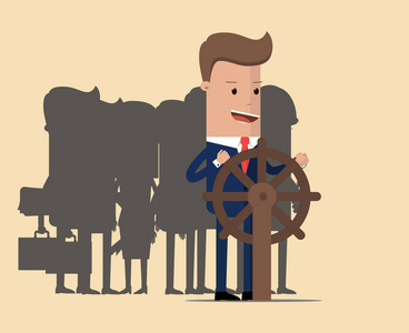 掌舵的商人站在小组的组长.船舵轮的商人.商业概念领导力插画