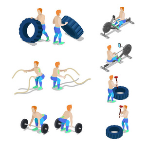 等距运动量来找到健身房锻炼和锻炼的运动员。矢量 3d 平面插图