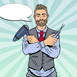 吹风机漫画波普艺术胡子理发师,剪刀和吹风机.矢量图照片