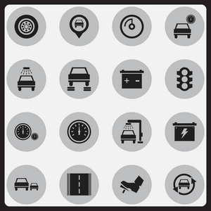 16 可编辑交通图标集。包括汽车维修 交通信号灯 调谐汽车等符号。可用于 Web 移动 Ui 和数据图表设计