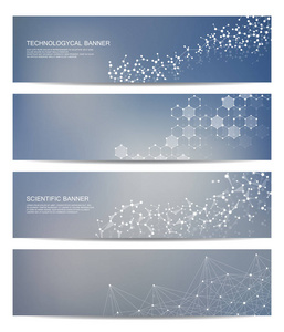 现代科学横幅的设置。分子结构 Dna 和神经元。抽象背景。医学 科学 技术 业务 网站模板。可缩放矢量图形