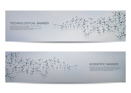 现代科学横幅的设置。分子结构 Dna 和神经元。抽象背景。医学 科学 技术 业务 网站模板。可缩放矢量图形