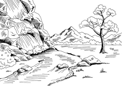 瀑布图形黑色白色景观素描图矢量照片