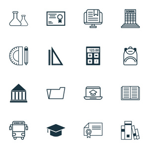 16 教育图标集。包括图书馆 毕业 测量和其他符号。漂亮的设计元素