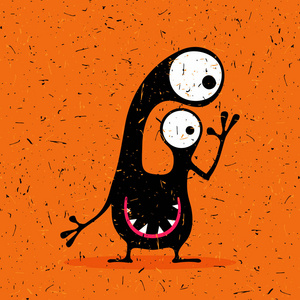 可爱的黑色怪物与情绪对垃圾橙色背景照片