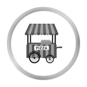 比萨饼购物车图标在白色背景上孤立的单色风格。比萨饼和比萨店象征股票矢量图