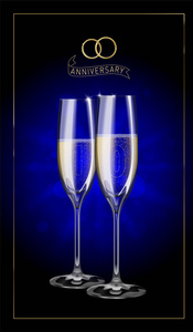 十年来，婚礼周年庆典现实矢量图的两个透明的香槟杯充满了闪闪发光的白色酒