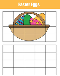 网格拷贝的游戏。绘制图片教育孩子们玩游戏。可打印孩子活动工作表与复活节彩蛋