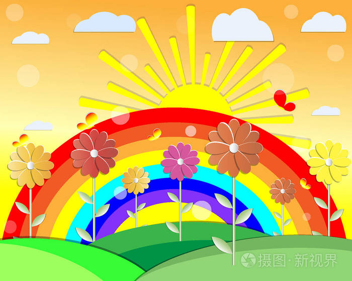 夏季背景用纸花蝴蝶彩虹矢量图