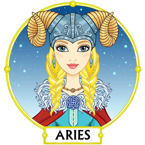 星座白羊座.梦幻般的公主,动画肖像.背景帧,夜晚的星空.