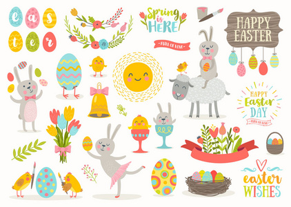 可爱的复活节卡通人物和设计元素的集合。复活节兔子 鸡 鸡蛋和鲜花。矢量图