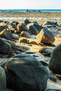 在阴天海水退去时，海滩上美丽的岩石石呈现出戏剧性的蓝天背景。