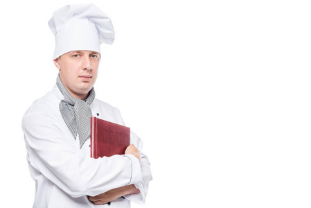 可爱的厨师，在白色背景上构成他手中的菜单