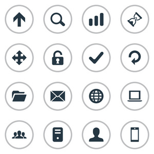 16 简单的练习图标集。可以找到这样的元素作为智能手机，打开的挂锁 箭头和其他