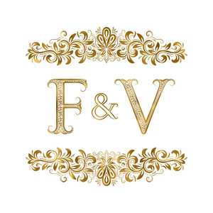F 和 V 老式英文缩写标志符号。这些信件被包围装饰性元素。婚礼或业务伙伴会标在皇家风格